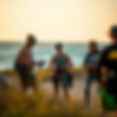Enthusiastic kiteboarders testing Slingshot accessories at the beach