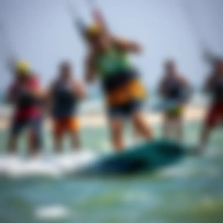 Kiteboarding Community Dynamics A group of kiteboarders engaged in a dynamic event, highlighting community and camaraderie