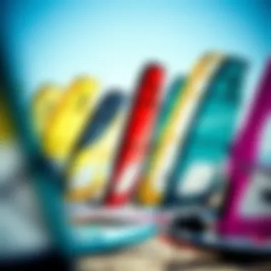 Diverse Kite Selection A selection of windsurfing kites displayed on a beach, illustrating various styles and colors