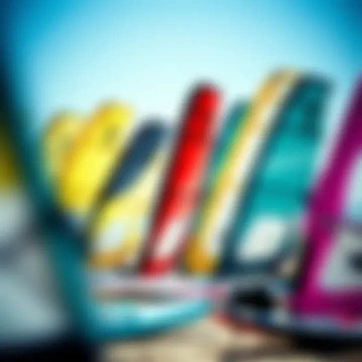 Diverse Kite Selection A selection of windsurfing kites displayed on a beach, illustrating various styles and colors