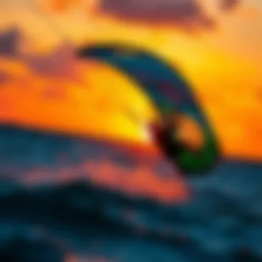 Mastering Kite Maneuvers An athlete skillfully maneuvering a windsurfing kite against a vibrant sunset backdrop