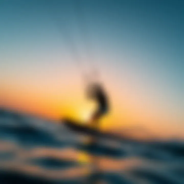 A serene sunset view of kiteboarding on calm waters
