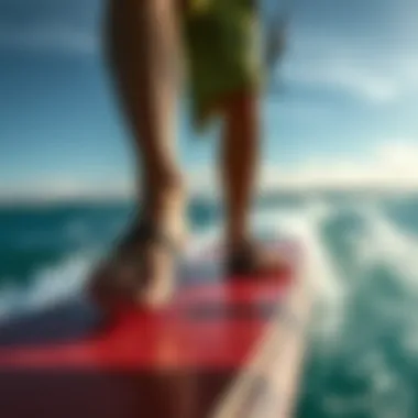Close-up of a kiteboarder's feet on the board while unhooked