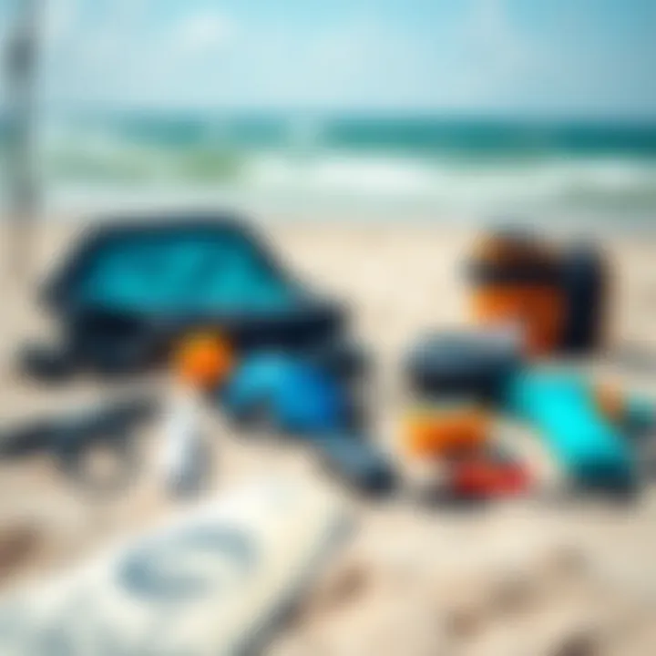 Essential Gear for Kite Surfing Essential kite surfing gear laid out on a sandy beach