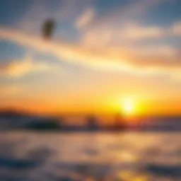 A breathtaking view of kite surfers riding waves at sunset