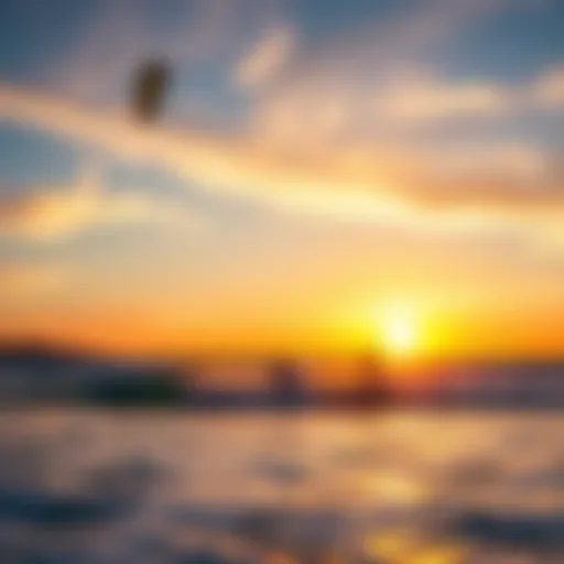 A breathtaking view of kite surfers riding waves at sunset