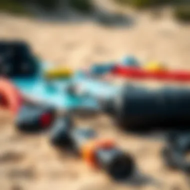 Essential Kiteboarding Equipment Close-up of essential kiteboarding gear laid out on the sand