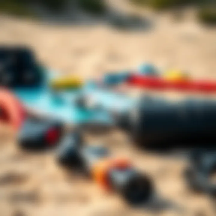 Essential Kiteboarding Equipment Close-up of essential kiteboarding gear laid out on the sand