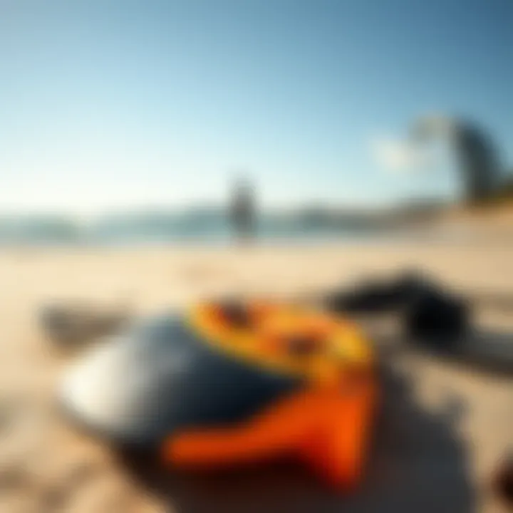 Essential Kitesurfing Gear Close-up of essential kitesurfing equipment laid out on the beach