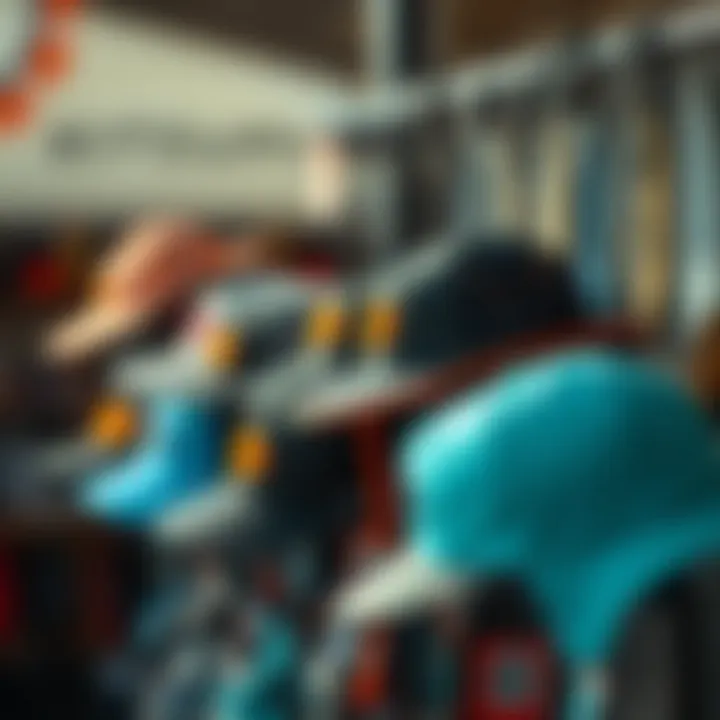 Stylish Kitesurfing Hats on Display Stylish kitesurfing hats displayed on a rack