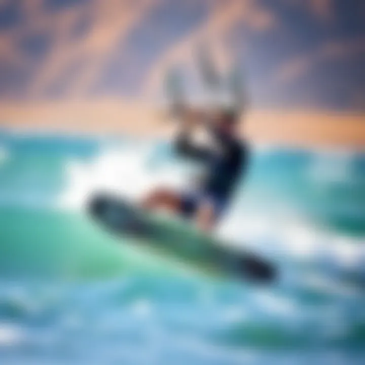 A kitesurfer in action wearing a waist harness while riding the waves