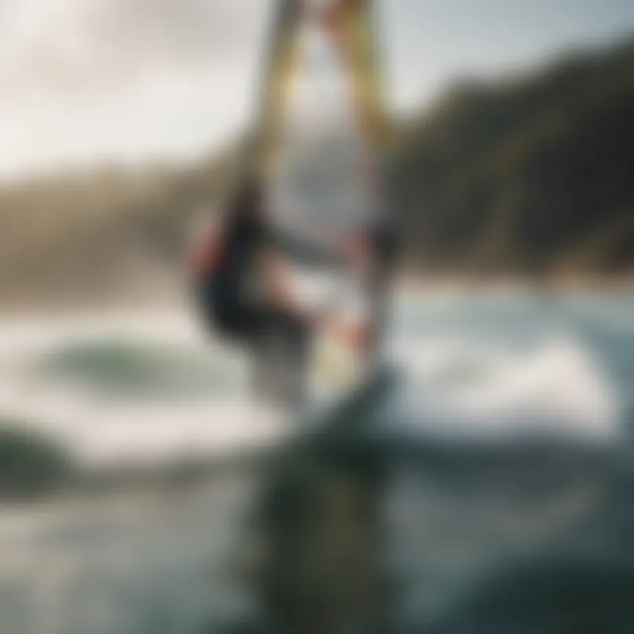 Dynamic action shot of a windsurfer navigating the waves