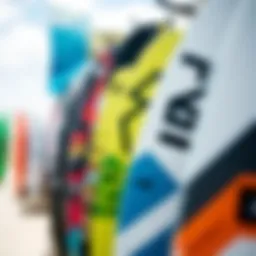 A close-up view of various kitesurfing boards displayed on a rack, showcasing their designs and styles.