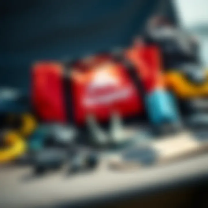 Kiteboarding accessories arranged with a slingshot bag prominently displayed