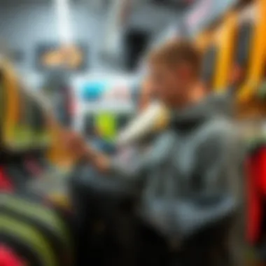 A kiteboarder selecting a slingshot bag among various options at a store