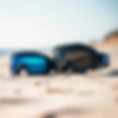 Comparative Analysis of Eye Protection Gear Comparison of different eye protection gear on a sandy beach