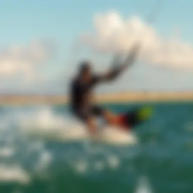 Visibility in Challenging Kiteboarding Conditions Kiteboarder navigating through strong winds with clear visibility