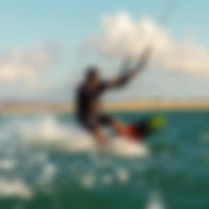 Visibility in Challenging Kiteboarding Conditions Kiteboarder navigating through strong winds with clear visibility