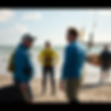 Trainer communicating strategies to a learner on the shore