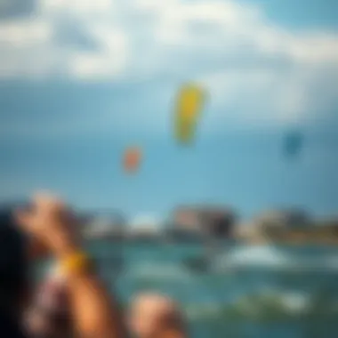 A scenic view of Two Harbors with kiteboarders enjoying favorable weather conditions.