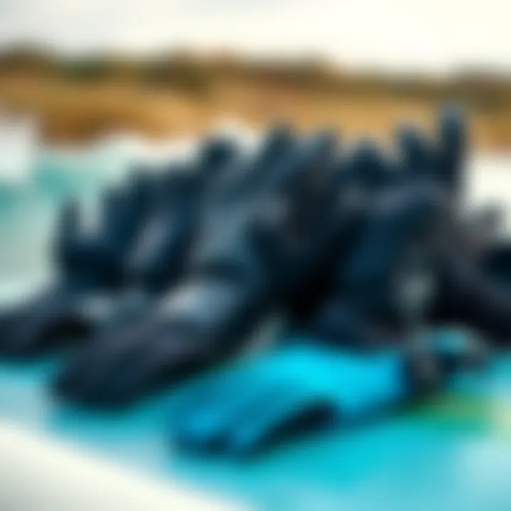 Variety of Designs in 5mm Surf Gloves Different styles of 5mm surf gloves displayed on a surfboard