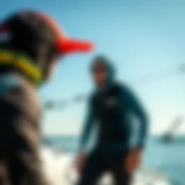 Expert kiteboarders discussing Code Zero sail options.