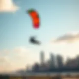Kiteboarding Over Dallas Vibrant kite soaring against Dallas skyline
