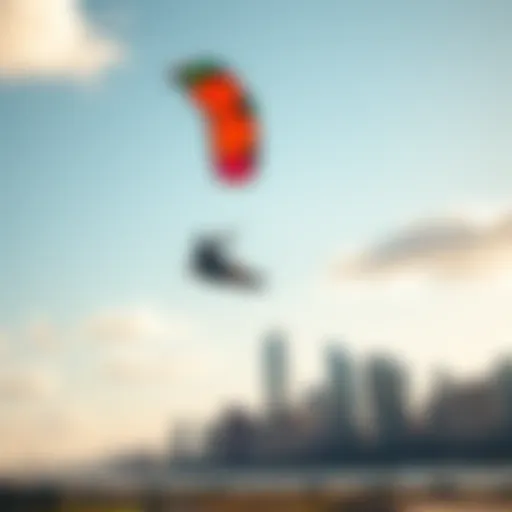 Kiteboarding Over Dallas Vibrant kite soaring against Dallas skyline