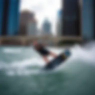 Urban Kiteboarding in Action Kiteboarder navigating urban winds