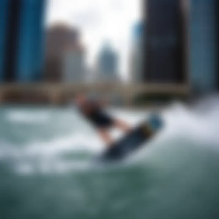 Urban Kiteboarding in Action Kiteboarder navigating urban winds