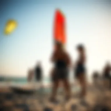 Kiteboarding Community Connection A vibrant kiteboarding community gathering on the beach, sharing tips and experiences