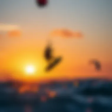 Thrilling Kiteboarding Experience An exhilarating moment of a kiteboarder executing a jump against a breathtaking sunset backdrop