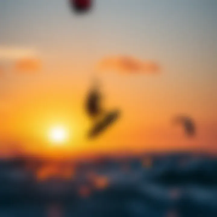 Thrilling Kiteboarding Experience An exhilarating moment of a kiteboarder executing a jump against a breathtaking sunset backdrop