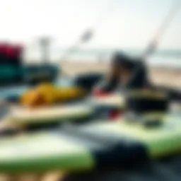 A comprehensive overview of kite surfing gear arranged on the beach