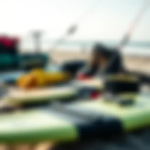 A comprehensive overview of kite surfing gear arranged on the beach