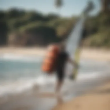 Convenient Transport of Equipment A windsurfer transporting a quiver bag to the beach