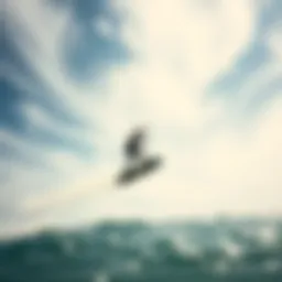 Kiteboarder gliding effortlessly through the air against a backdrop of dynamic wind patterns.