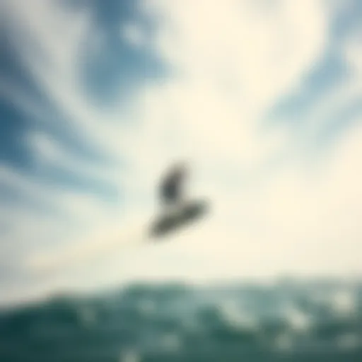 Ethereal Kiteboarding in Motion Kiteboarder gliding effortlessly through the air against a backdrop of dynamic wind patterns.