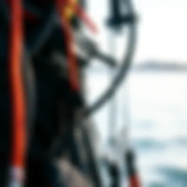 Detailed view of kite surfing rig components including lines and harness