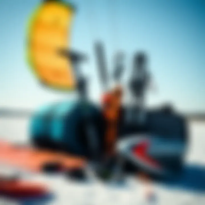 Various kiteboarding equipment arranged for optimal wind conditions.