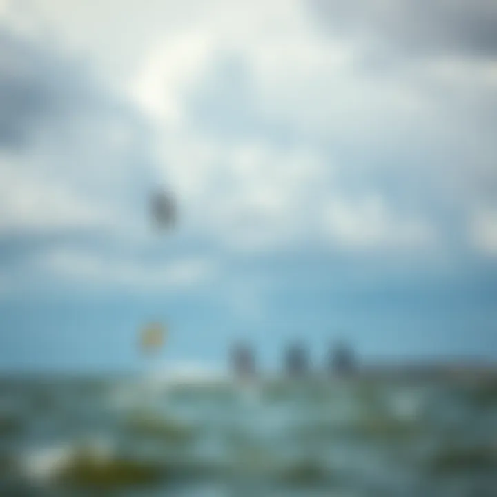 Kiteboarders Launching Amidst Changing Weather A group of kiteboarders taking off from the shoreline as clouds gather in the sky.