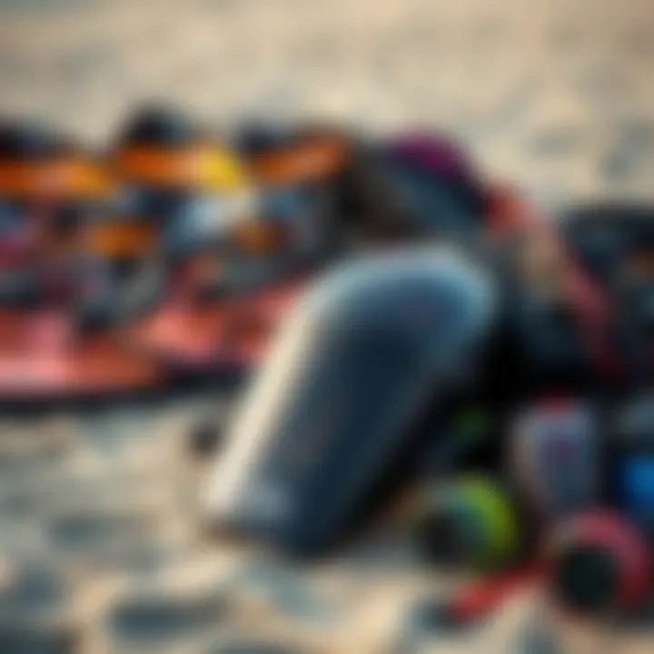 Kiteboarding Gear Selection in Larchmont A close-up of kiteboarding equipment laid out on the sandy shore of Larchmont.