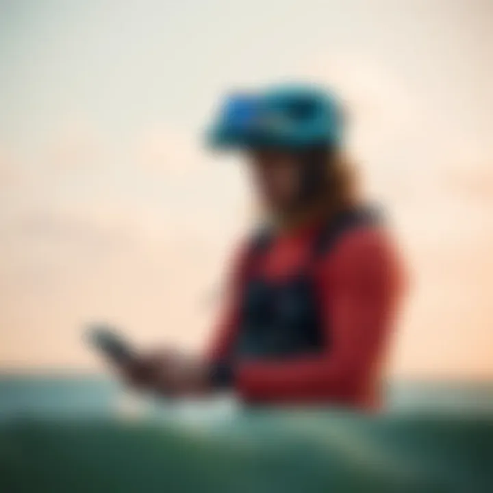 A kiteboarder checking the weather forecast on a mobile device
