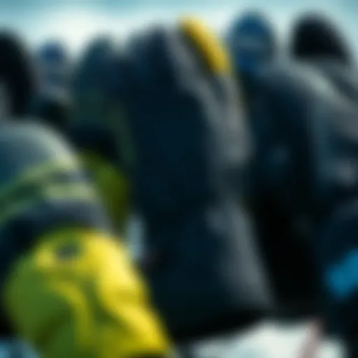 A close-up view of various wetsuit mittens showcasing different designs and materials.