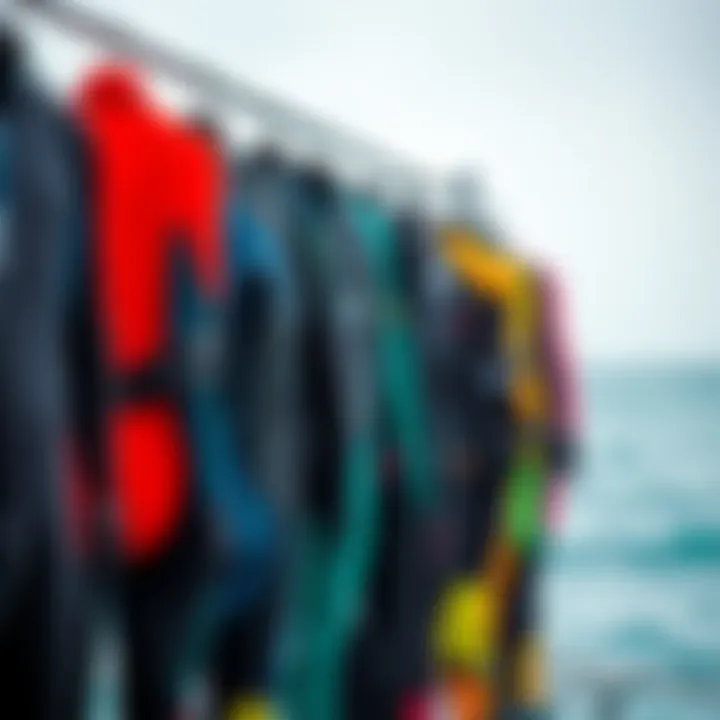 Diverse Wetsuit Thickness Options Diverse range of wetsuits displayed to showcase thickness variations
