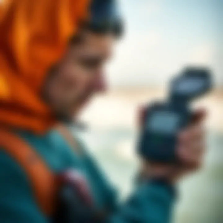 Kiteboarding Enthusiast and Wind Meter Kiteboarding enthusiast checking wind meter