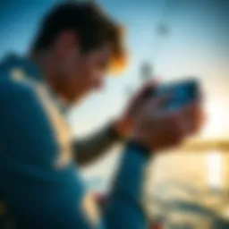 Kiteboarder checking wind data on iPhone