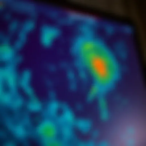 A close-up view of a weather radar screen displaying storm patterns and precipitation.