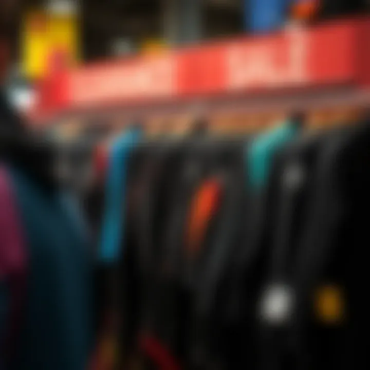 Showcasing a variety of wetsuits on display during a clearance sale event