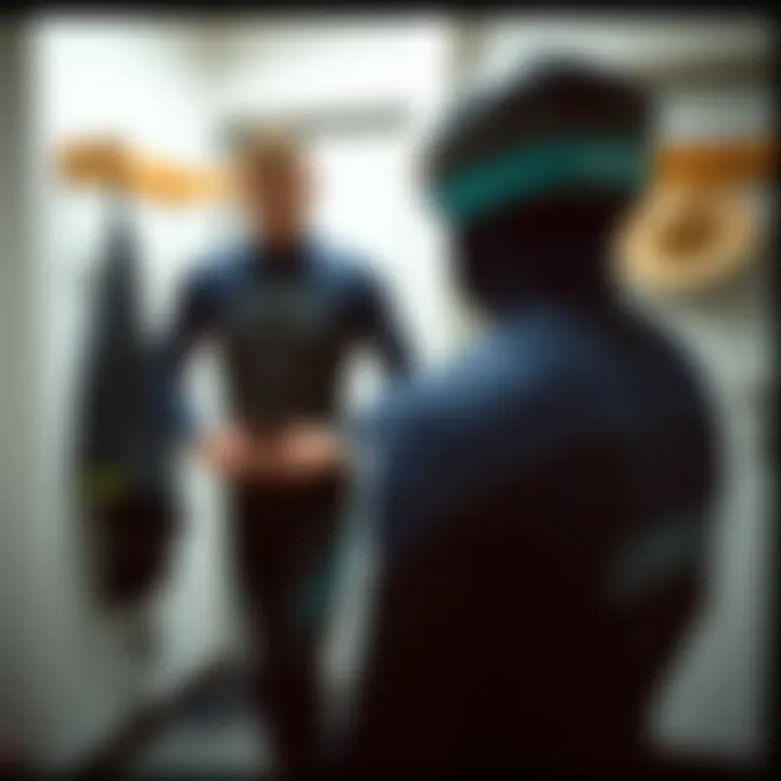 A kiteboarder trying on a wetsuit in a fitting room